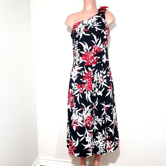 Lanz Originals Vintage One Shoulder Midi Dress 14* / Medium* Black Red Tropical - Picture 1 of 8